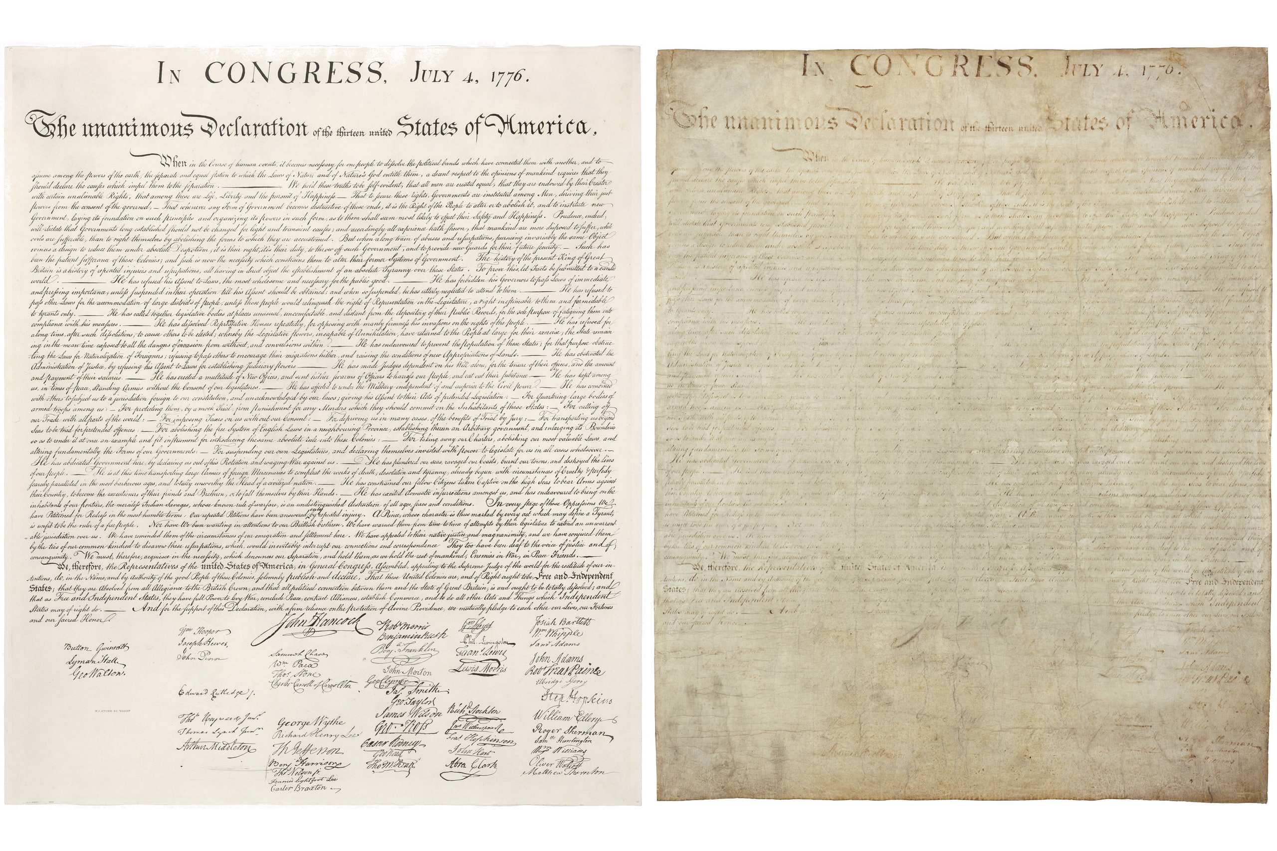 Images of the 1823 William J. Stone engraving of the Declaration of Independence commissioned by John Quincy Adams and the actual Declaration on display in the Rotunda at the National Archives Museum in Washington D.C.